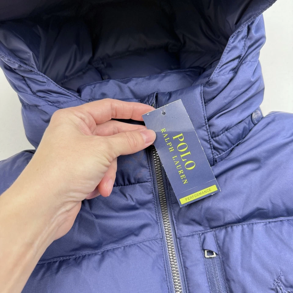 Nueva chaqueta acolchada POLO Ralph Lauren para niños L (14/16) azul marino 75 % plumón con capucha $155 Foto 2 de 4