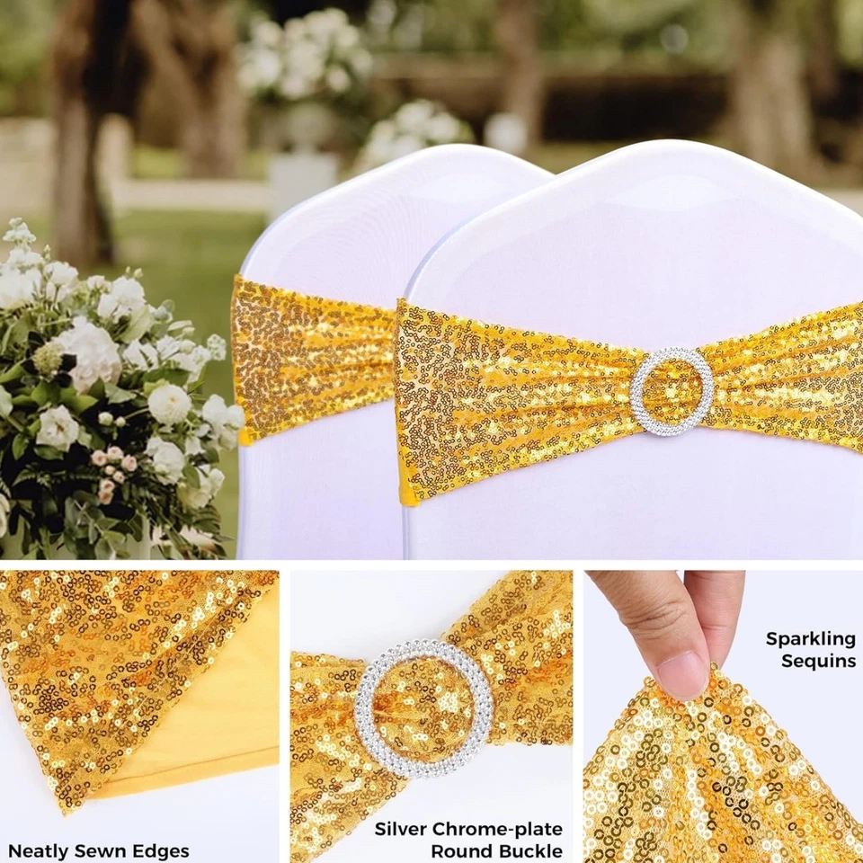 50 piezas marcos de silla de lentejuelas elásticas unilaterales brillo spandex bandas de silla con hebilla Foto 3 de 4