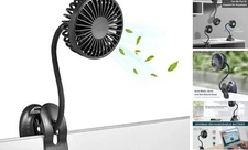 Clip On USB Mini Desk Fan with Emergency Power Bank, Battery Operated Black