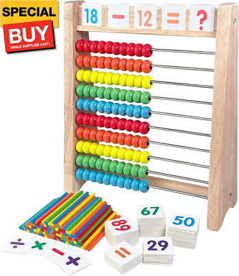 Wooden Abacus for Kids Math - 10 Row Bead Counting Frame with Counting Sticks & 