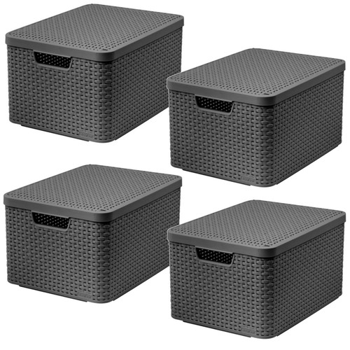 12x Cestino Contenitore Scatola Portaoggetti 12x30L Maniglia Copertina Curva Stile Rattan L Grigio - Foto 4 di 12