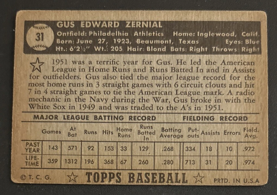 1952 Topps Gus Zernial Black Back Baseball Card 31 Athletics Low Number OF PR/FR - Image 2 of 2