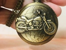 Men's Pocket Watch - "Bronze Vintage Motorcycle" - Quartz Movement - Chain - NEW