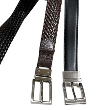 Set of Two Men’s Size 30-32 Reversible Brown Black Leather Belts Woven & Smooth