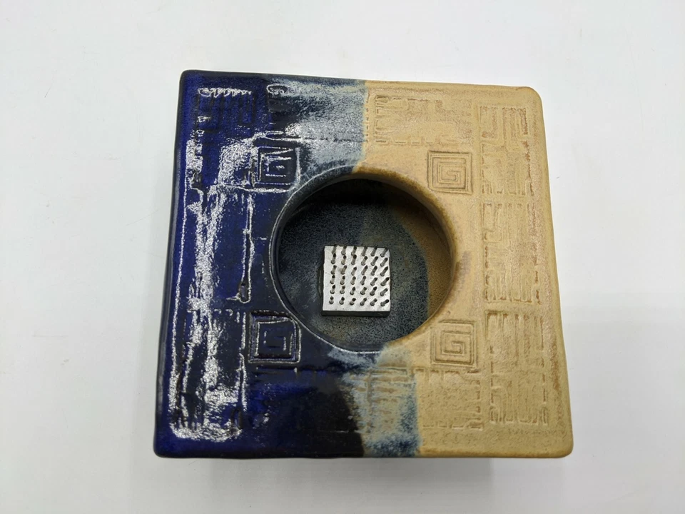 手工工作室陶器池花花瓶花卉青蛙签名蓝色 — 第 3/4 张图片