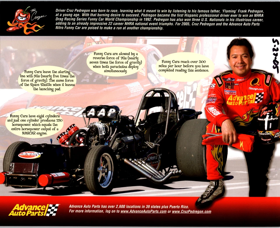 2005 NHRA Cruz Cruzer Pedregon 手工签名 10X8 Cardstock Nitro Funny Car DR39 — 第 2/2 张图片
