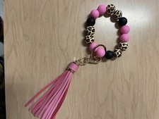 Pink Leopard Wooden Beaded Wristlet Keychain With Tassel