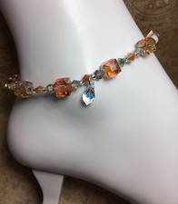 Handmade Amber/Green Crystal Anklet/Ankle Bracelet W/Swarovski Elements USA