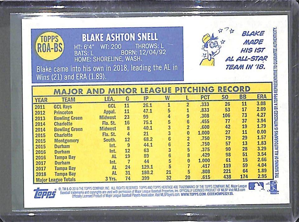 2019 Topps Heritage Real One Autograph #ROA-BS Blake Snell - Image 2 of 2