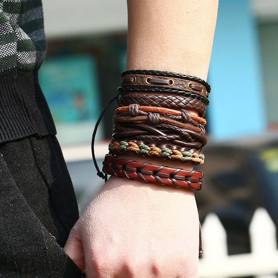 Mens Leather Wrap Beaded Bracelet Set- Black Leather