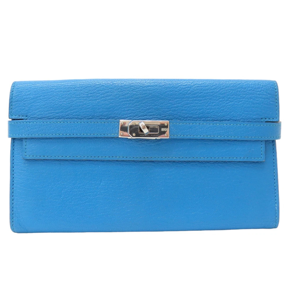 HERMES Kelly Long Wallet Blue Chevre Leather