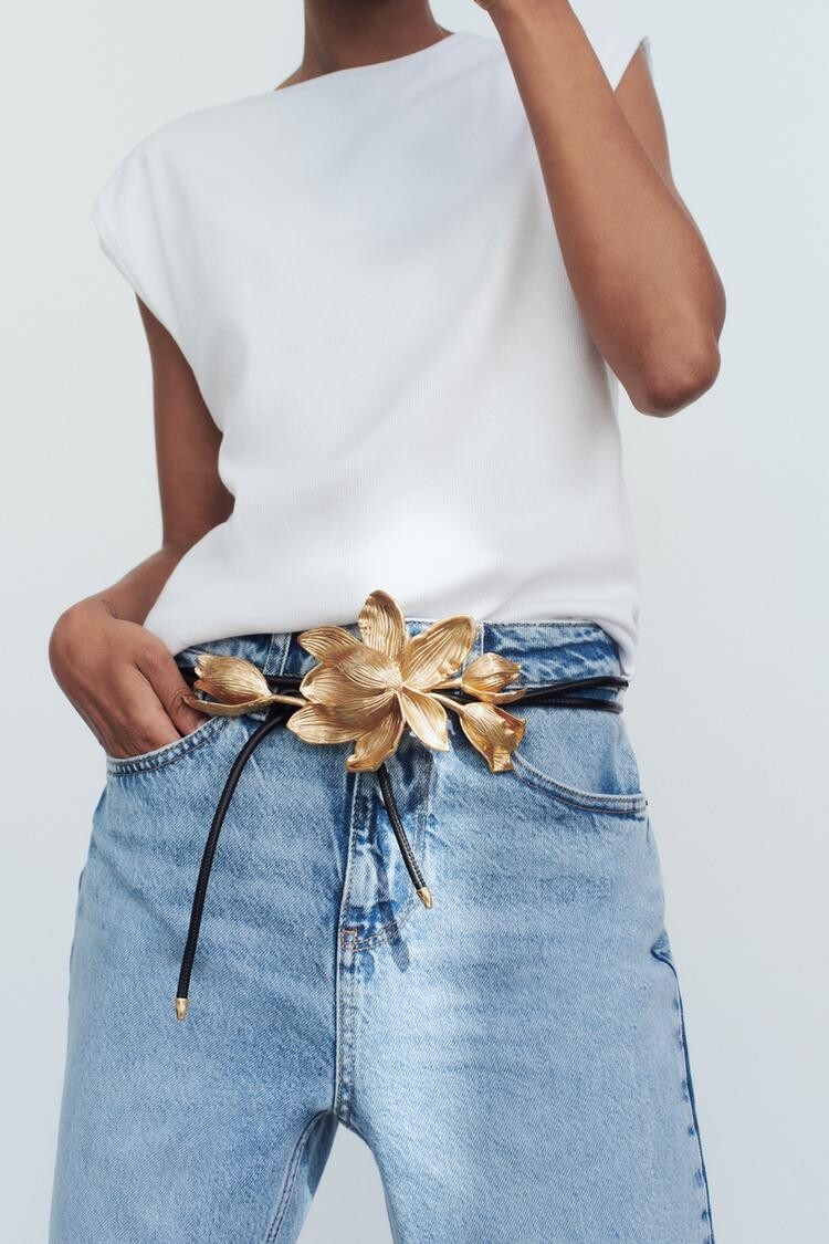 ZARA メタルフラワーベルト 1736/088 Zara Metal Flower Black Cord Belt Golden One Size 85CM UK32