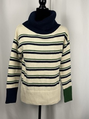 Promesa Cowl Neck Striped Sweater M/L Cream Navy Green Ski Lodge Preppy Knit Coz