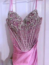 Sparkly Gowns Pink Satin Maxi Dress 6 V-Neck Beaded Sequin Lace-Up Slit