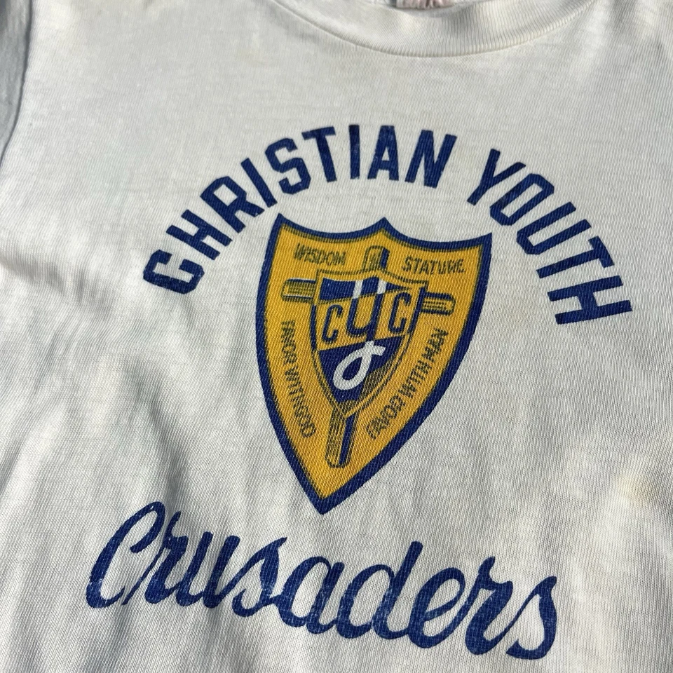 VTG 60s Champion Running Man Kids Christian Youth Crusaders Flock Print Sz 12 - Image 3 of 4