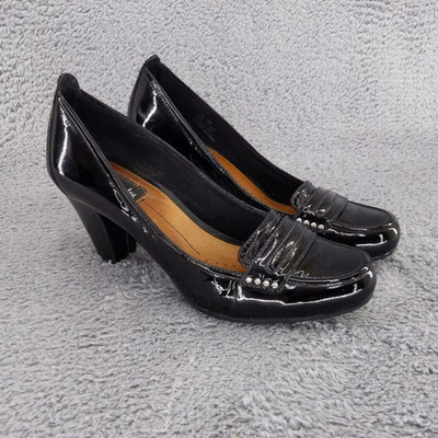 #ad Clarks Artisan Black Patent Leather Penny Loafer Heel Pumps Size 7.5M $32.00