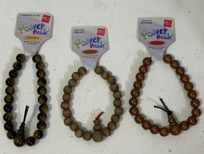 RUSS Power Beads Bracelet Lot of (3) Tiger's Eye/Wood Bead/Gold Stone New Vtg