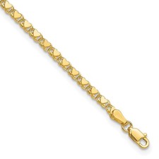 14k Yellow Gold Double-Sided Heart Solid 3mm Double Link Charm Bracelet 7"