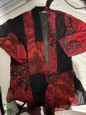Chico's Red Black Silk Chiffon Embroidered Beaded Kimono Jacket Collared Size 2