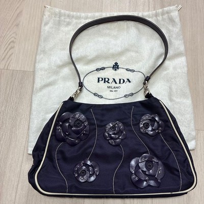 PRADA Flower Motif Nylon Mini Bag Navy Authentic Designer Handbag with G Card