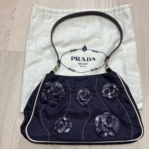 PRADA Flower Motif Nylon Mini Bag Navy Authentic Designer Handbag with G Card
