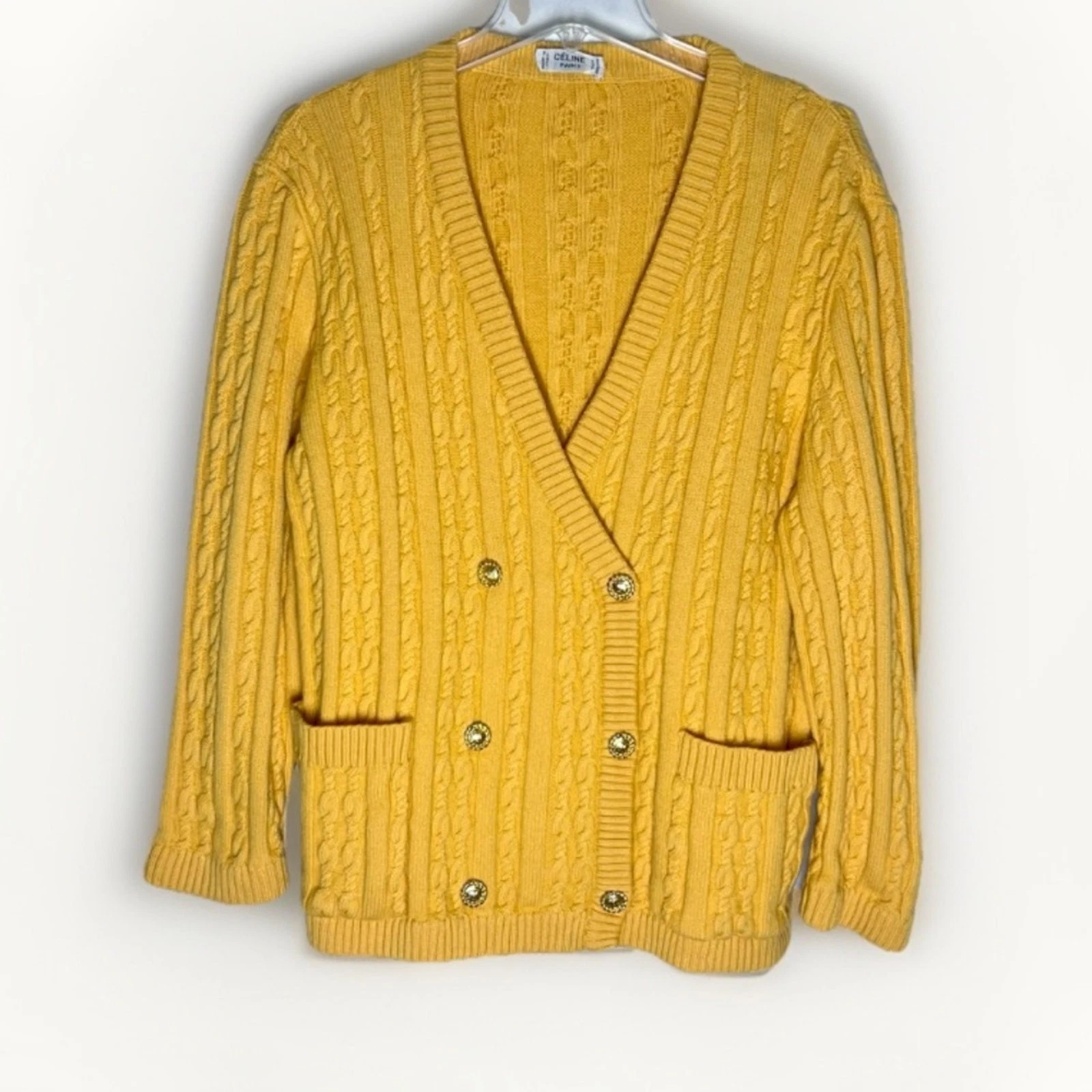 Celine — Vintage CELINE Paris Cable Knit Double Breasted Cardigan Gold  Button Sweater