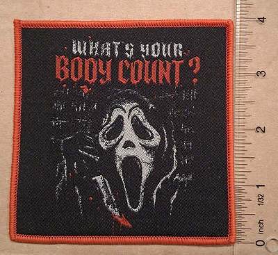 Scream Ghost Face Whats Your Body Count? Red Border Woven Patch Horror Slasher