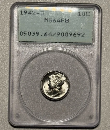 1942-D Silver Mercury Dime 10c PCGS MS64 FB OGH Rattler Blast White Nice Luster