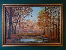 Large Autumn Woodland Oil Painting – Vintage Framed Landscape