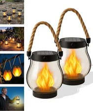 Solar Lantern Outdoor Lights with Dancing Flame,Waterproof Hemp Rope Hanging