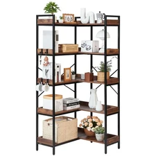 Uimoso 5 Tier Corner Bookshelf Tall Corner Bookcase 4 Hooks L-Shaped Storage
