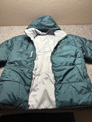 Nike Reversible Puffer Coat Jacket Mens Medium Green Gray 90s y2k Big Swoosh *
