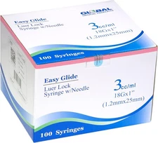 Easy Glide Luer Lock Syringe 3cc/ml, 18G x 1 x 1 inch, 100 Count 