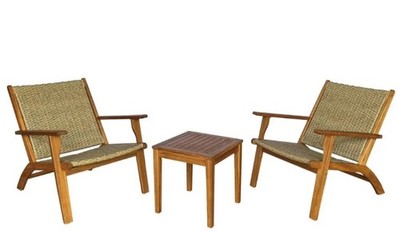 3 PCS Patio Wood Plastic Wicker Furniture Set W/ Acacia Wood Coffee Table