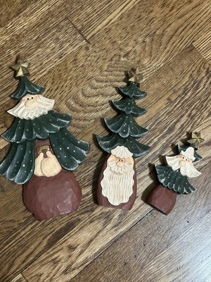 Vintage Derek Adams Wood Carved Christmas Tree Santa Trio Signed