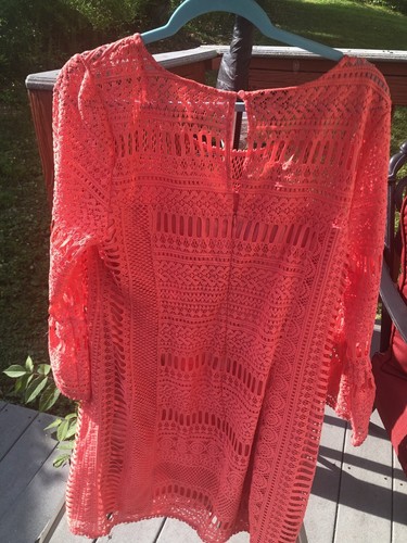 Alfani Crochet 3/4 Bell sleeve Midi Length Coral shift dress sz14 NWOT Boho - Picture 4 of 8