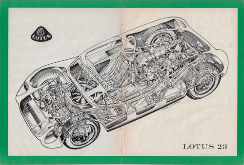 1962 Vintage Kunstdruck Lotus 23 Cutaway von James Allington 2-pg Ausziehanzeige