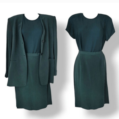 NEW Vintage Y2K 3 PC Jones New York Monochrome 100% Silk Skirt Suit Niagara Teal