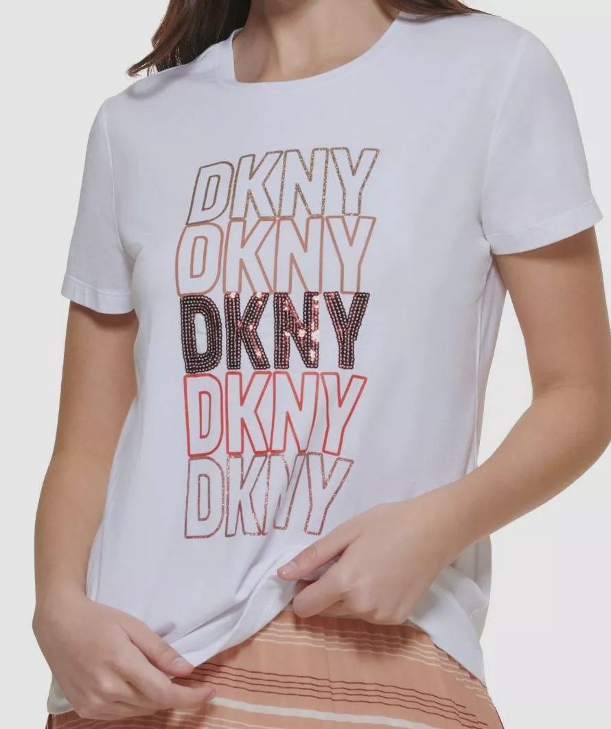 $49 DKNY Women's White Multi Logo Embellished T-Shirt Top Size XS