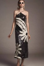 FARM RIO ANTHROPOLOGIE HALTER SEQUIN COLUMN MIDI DRESS NWT SZ XXS NWT