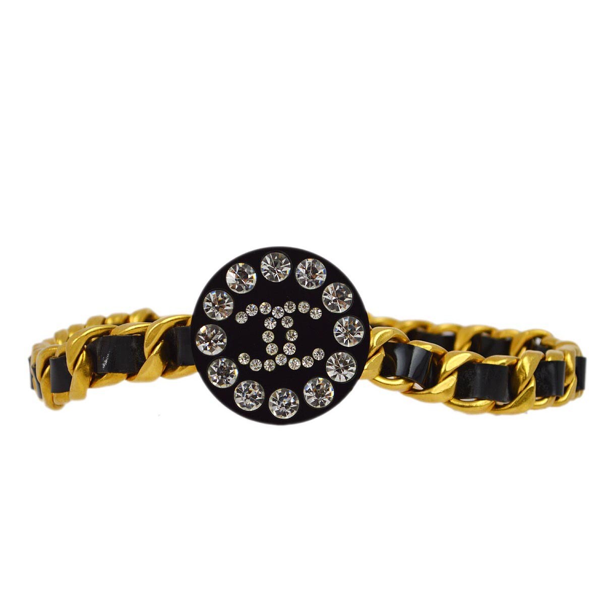 Chanel Gold Black Chain Belt Rhinestone Small Good 95P 192146