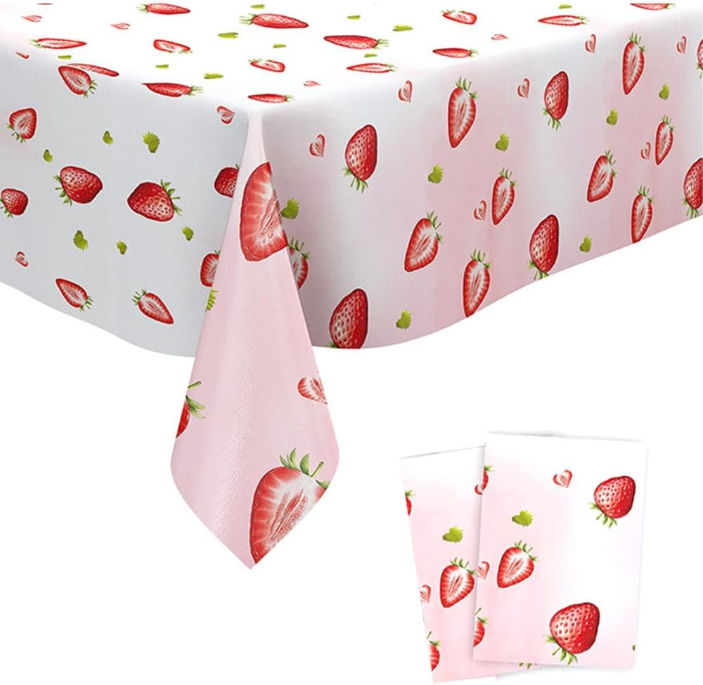 2Pcs Strawberry Tablecloth, Strawberry Theme Decoration for Birthday Party Decor