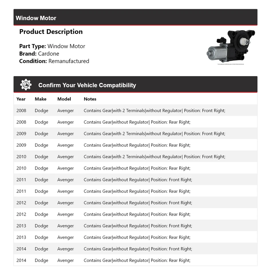 Para Dodge Avenger 2008-2014 Ventana Motor Cardone 2009 2010 2011 2012 2013 Foto 2 de 4