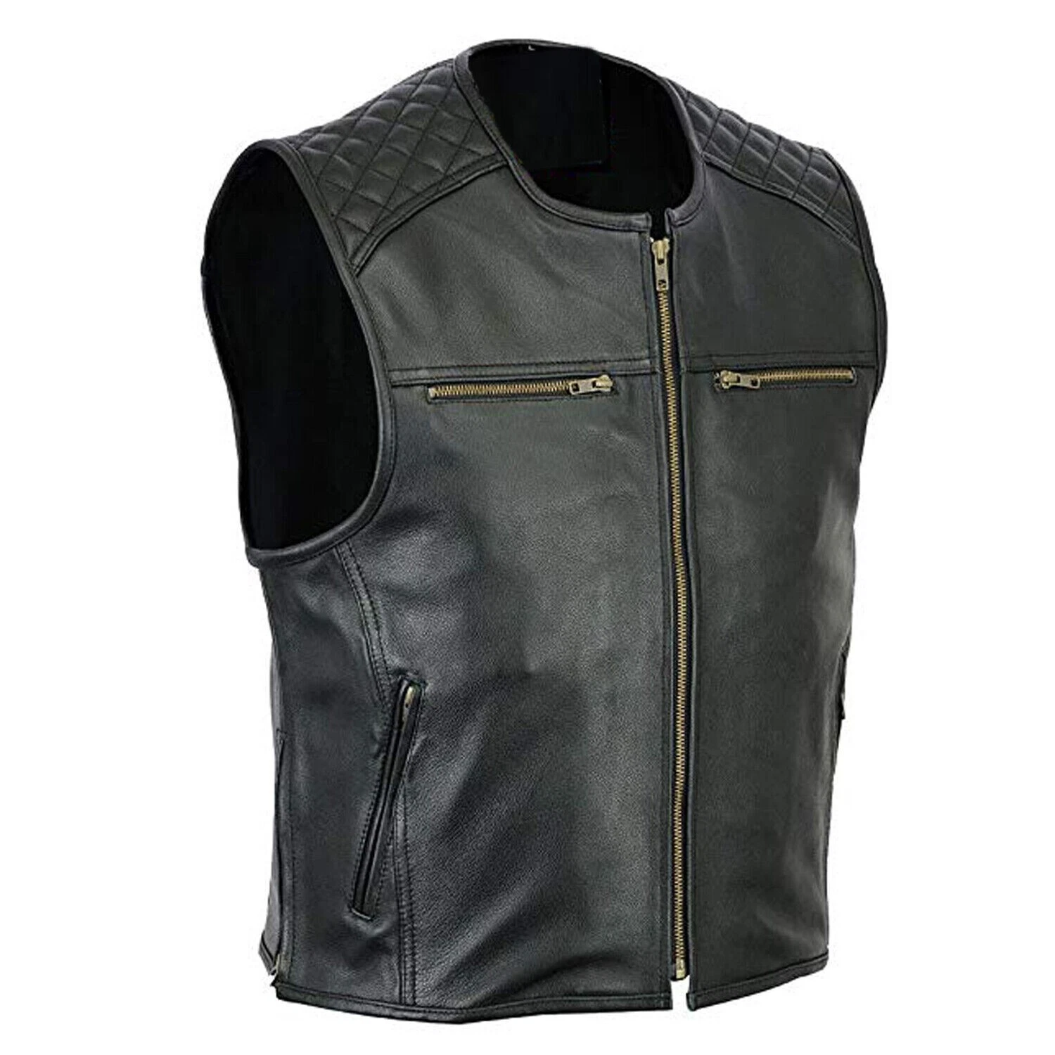 New Men's Genuine Cowhide Leather Biker Style Real Custom Size Black Vest