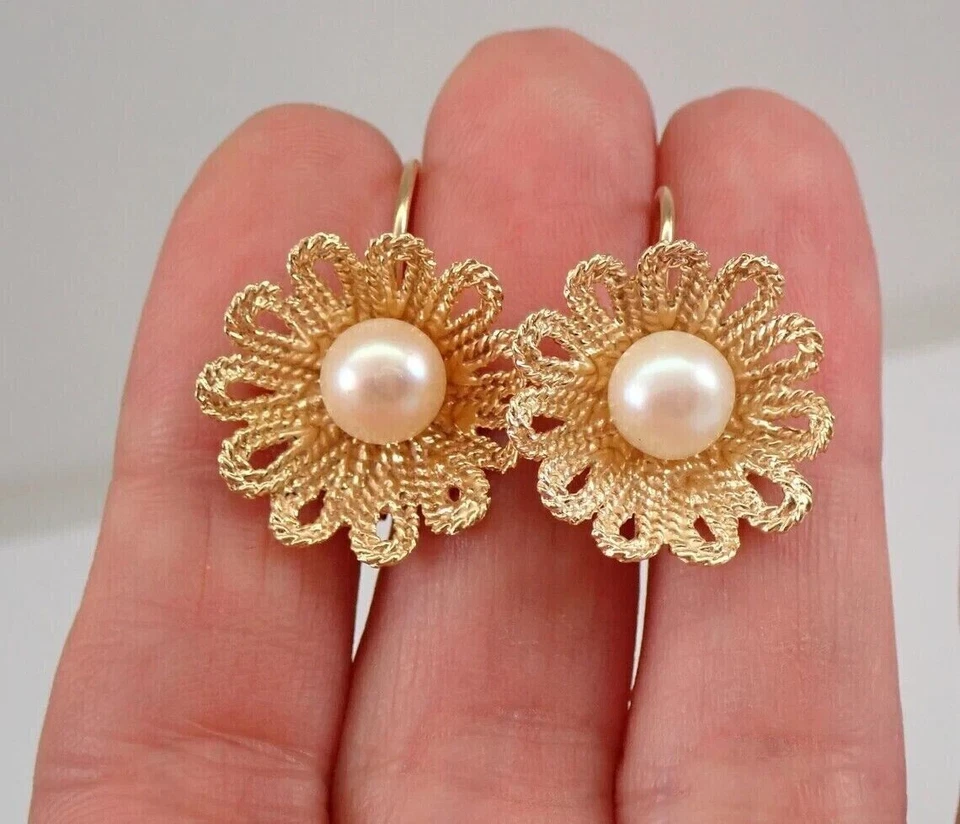 2Ct Round Cut Genuine White Pearl Vintage Estate Earrings 14K Yellow Gold Plated - Image 3 of 4