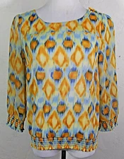 Lucky Brand Womens Top Small Multicolor Abstract Geometric Boho Sheer Shirt