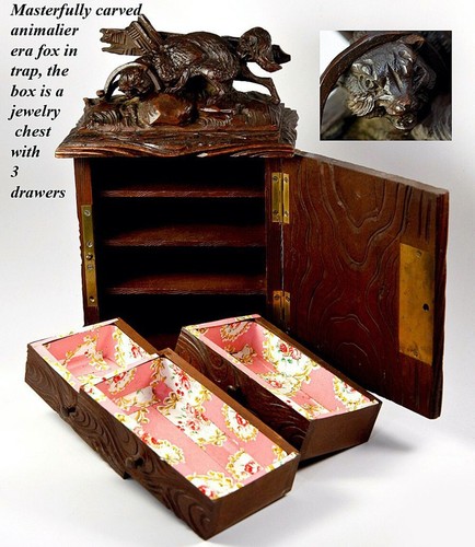 Antique Black Forest Carved 10" Chest, Cabinet, Box: Animalier Style FOX in Trap - Picture 2 of 9