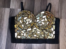 Gold Bedazzled Rhinestone Corset Top Push Up Brassiere Medium NEW Q2