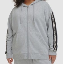 Calvin Klein Women's Gray Logo Stripe Full Zip Fleece Hoodie Plus Size 1X
