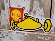 VINTAGE SHELL PORCELAIN SIGN GASOLINE MOTOR OIL RACE CAR GAS AUTOMOBILE GARAGE